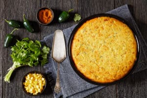 Chicken Tamale Pie in baking dish, top view