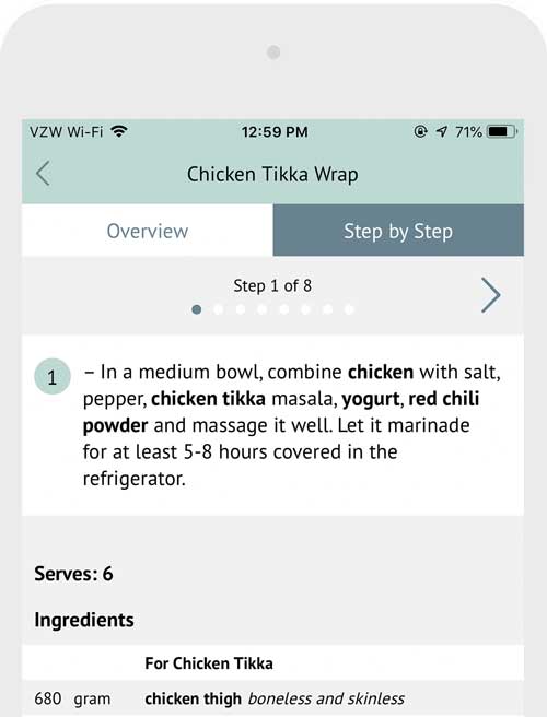 cropped screenshot of the cooking view in the Plan to Eat app in the cooking view of a recipe