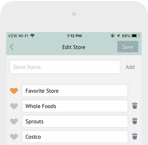 the plan to Eat mobile app shopping list custom stores option