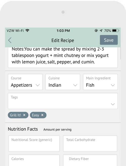 cropped screenshot of the Plan to Eat mobile app displaying recipe details in the edit recipe screen