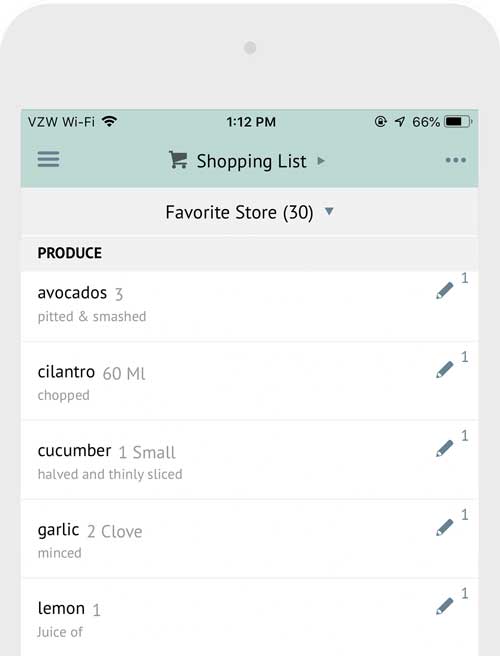 the plan to eat mobile app shopping list with items generated from a planned recipe