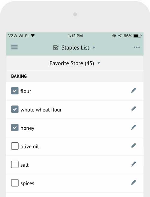 the plan to eat mobile app staples list for grocery and household items