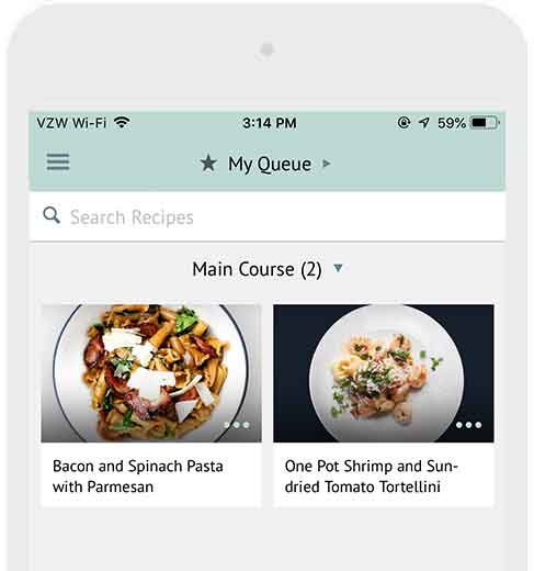 The Plan to Eat mobile app Queue feature with recipes queued for later use