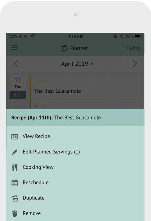 The Plan to Eat mobile app meal planning options from the planning calendar