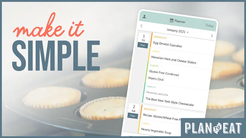 styled image says "Make it simple" next to a screenshot of the plan to eat app