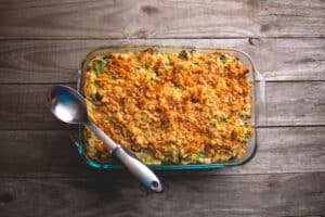 overhead shot of a casserole with a spoon resting on top