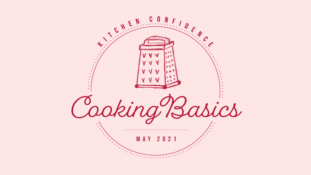 pink logo says "Kitchen Confidence" and "Cooking Basics" with illustrated cheese grater