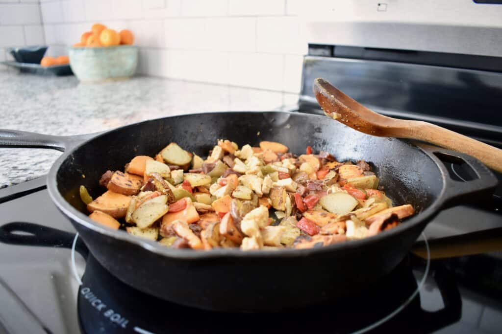 cooked potatoes in a cast iron pan