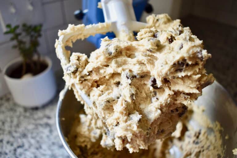 chocolate chip cookie dough stuck to mixer paddle attachment