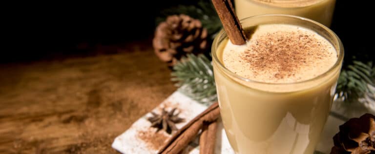 Homemade traditional Christmas eggnog drinks with ground nutmeg and cinnamon in the glasses preparing for celebrating festive holiday season, panoramic banner