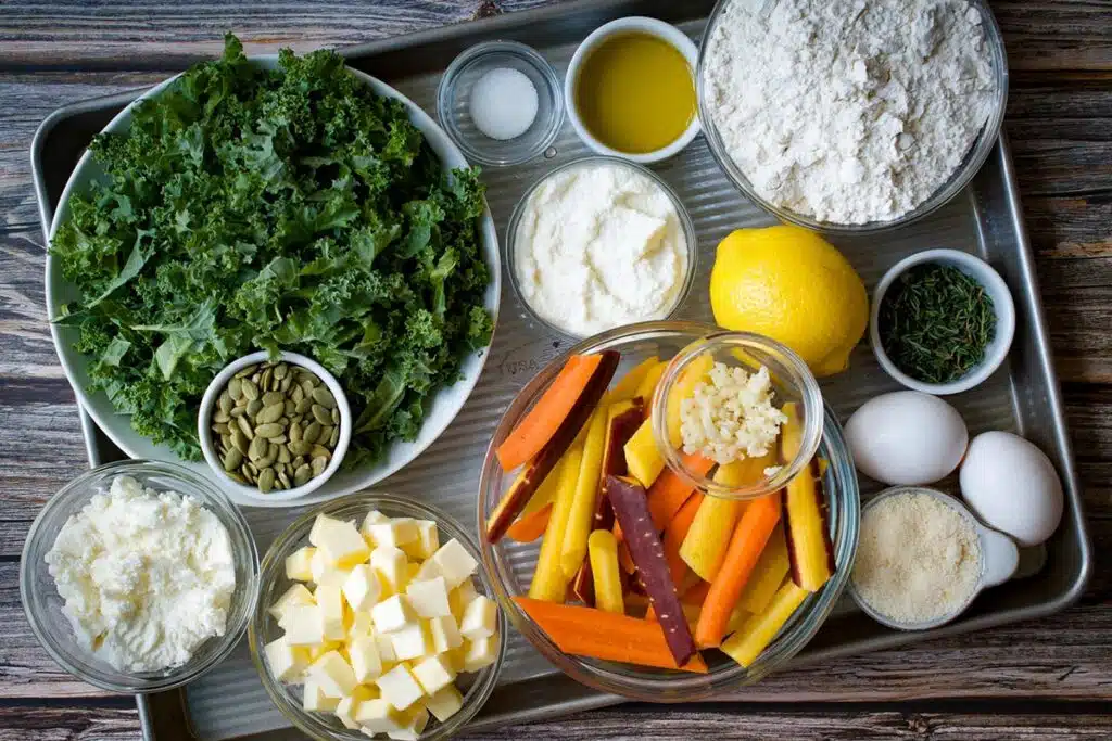 overhead shot of mise en place for carrot and kale galette recipe