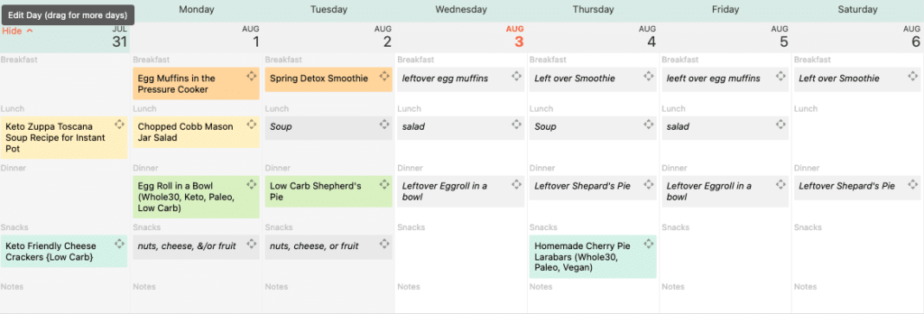 Laura Rae's meal plan for a week