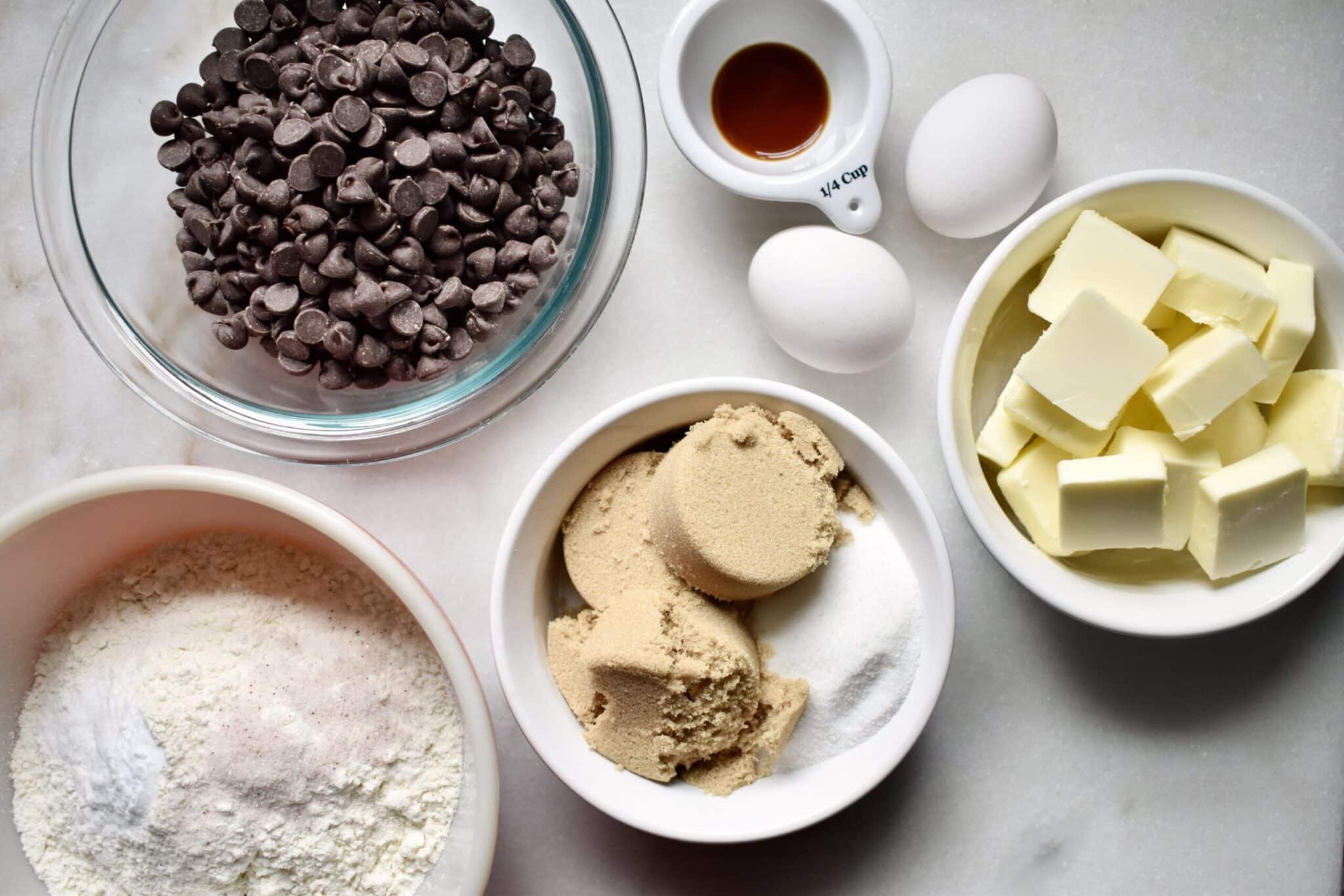 overhead shot of the mis en place of the giant cookie ingredients
