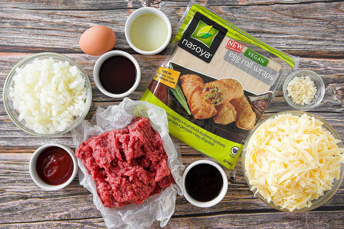 overhead view of mise en place ingredients for cheeseburger eggrolls