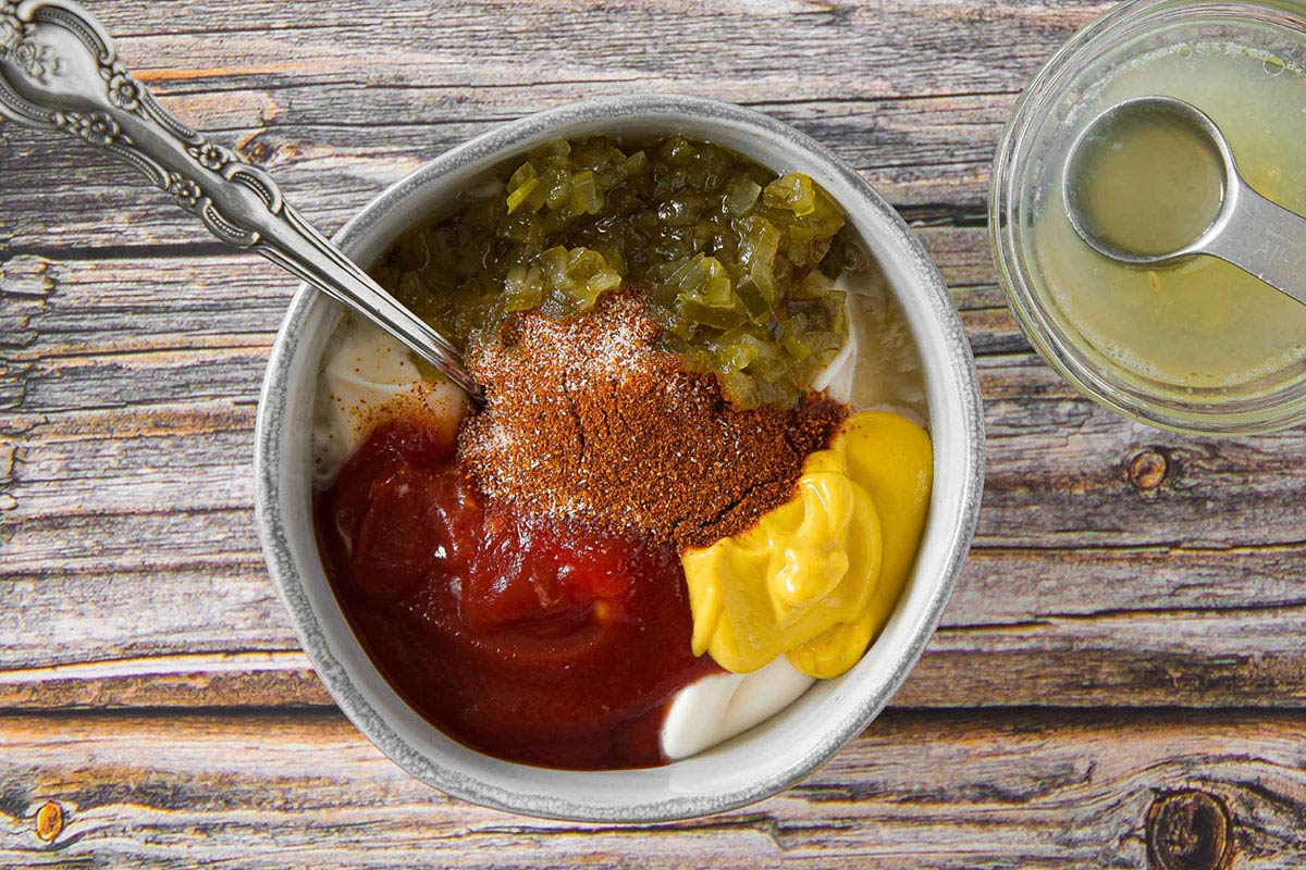 overhead view of dipping sauce ingredients together in a bowl before mixing