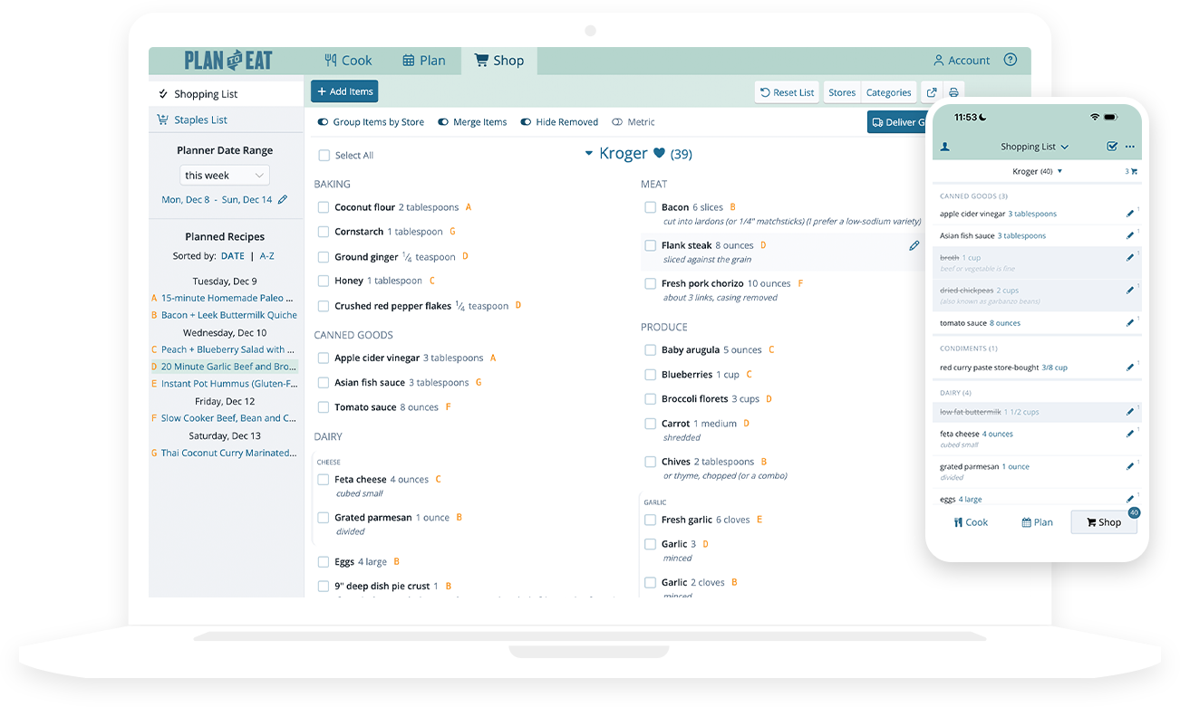 plan to eat shopping list on laptop and phone