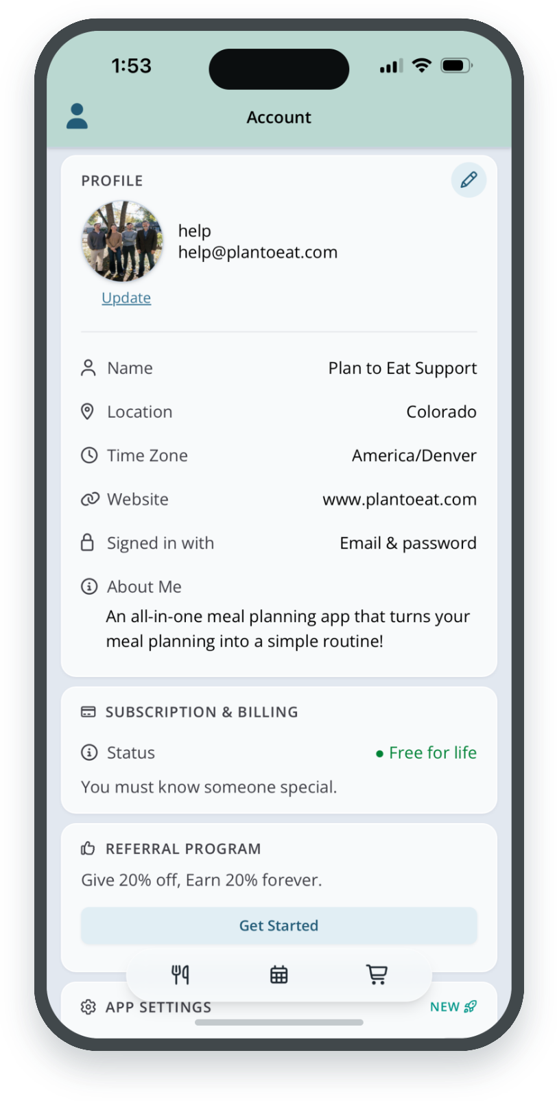 Account page with Profile, Subscription and Billing, and Referral Program sections
