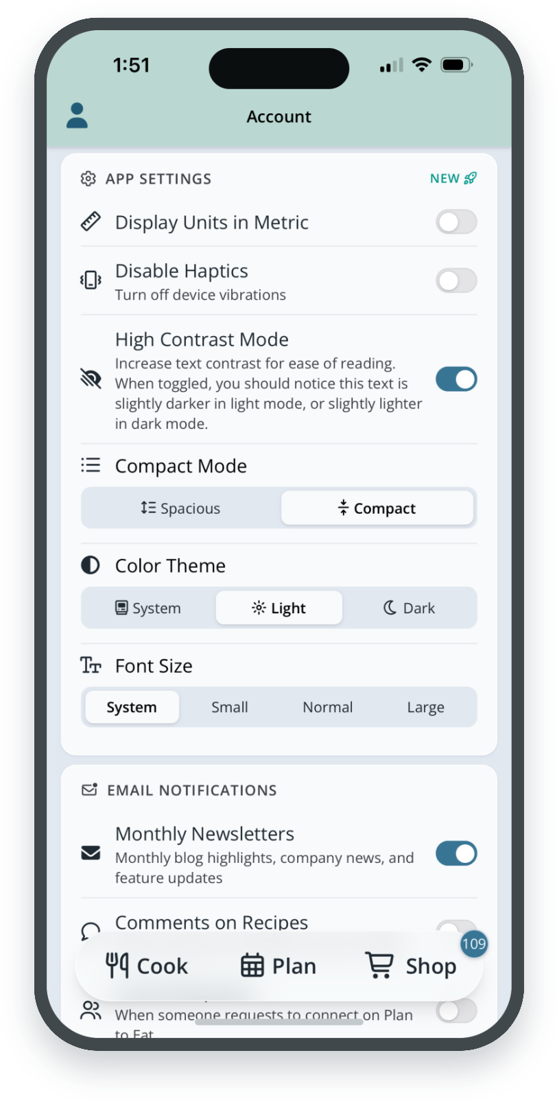 App Settings with Disable Haptics, High Contrast Mode, Compact Mode, Color Theme and Font Size