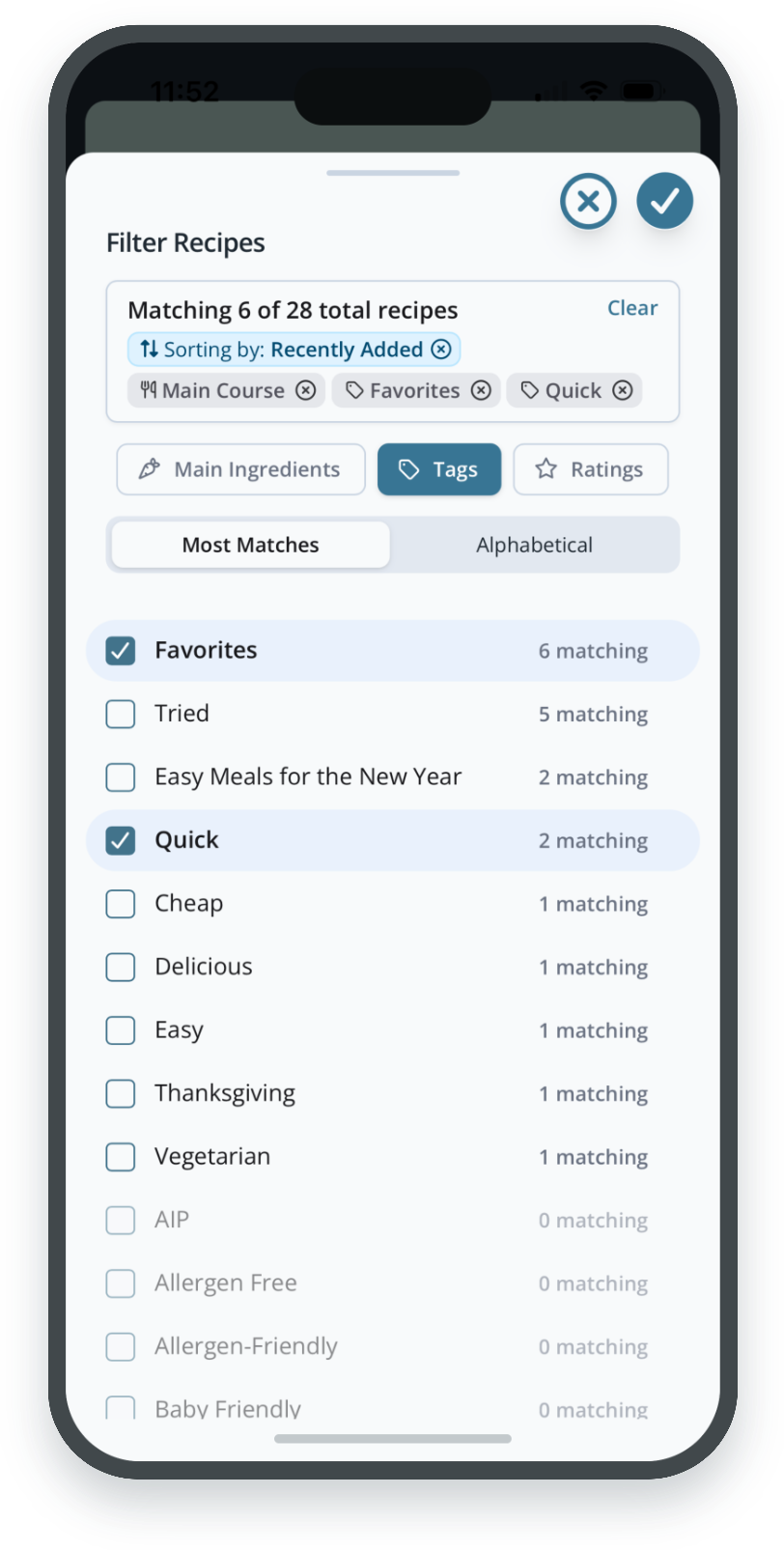 Filter Recipes sheet with Favorites and Quick tags selected, showing 6 of 28 recipes matching
