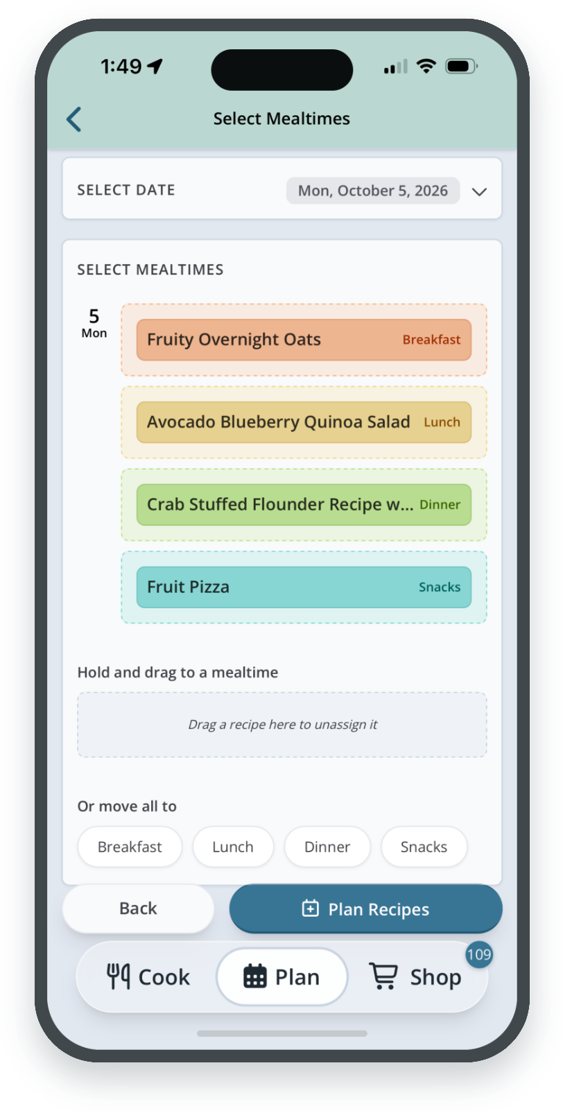 Select Mealtimes screen with four recipes placed across breakfast, lunch, dinner and snacks