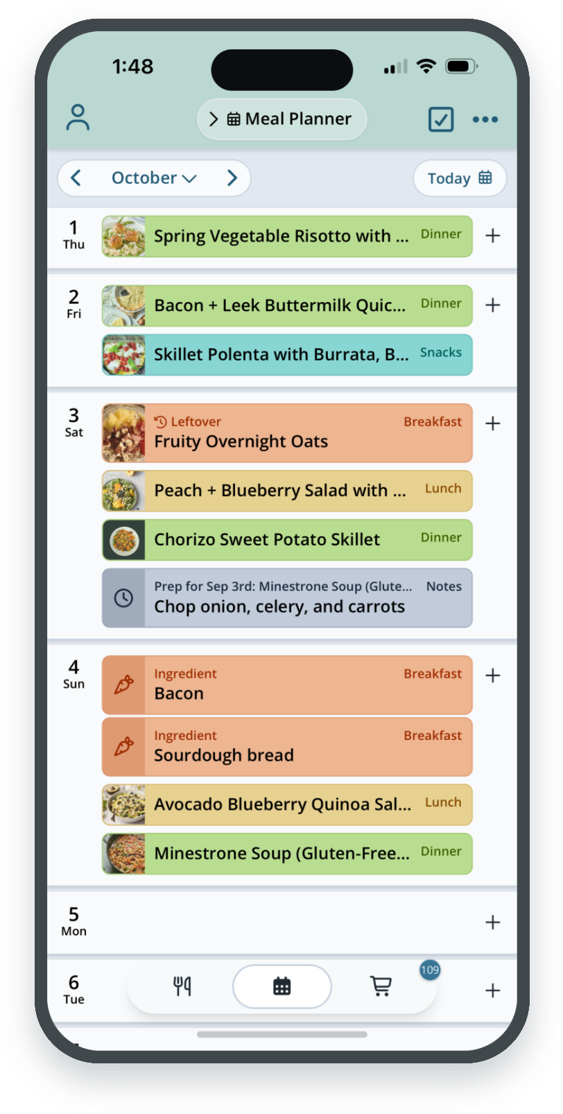 Meal planner showing recipe photos on each meal and color-coded mealtime cards