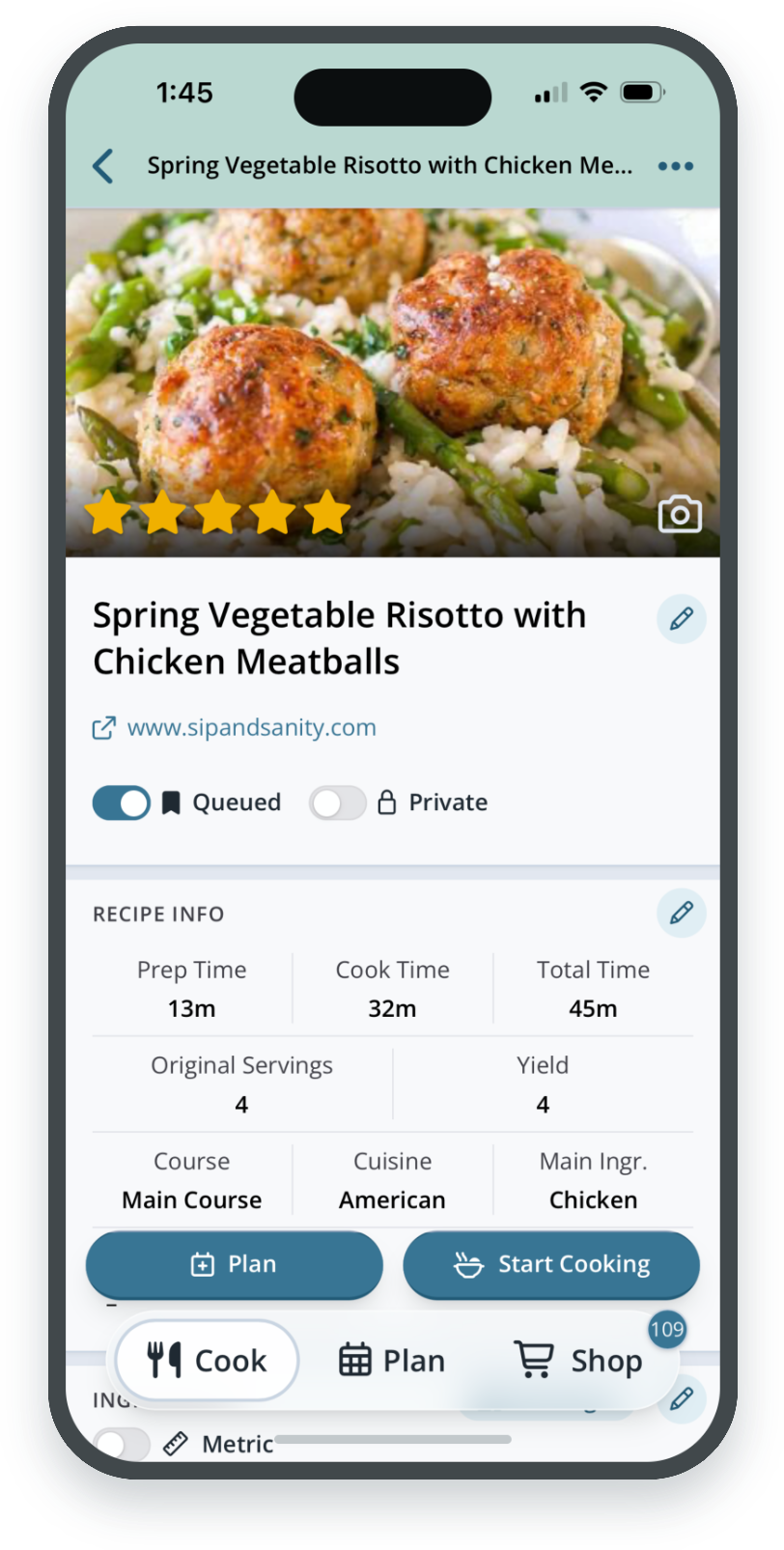 Redesigned recipe page with photo, title, Queued and Private toggles, and a Recipe Info section