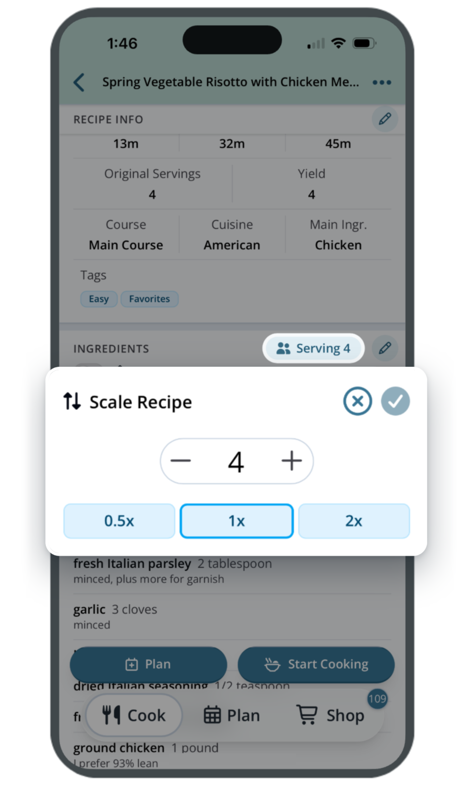 Scale Recipe popup with servings set to 4 and 0.5x, 1x and 2x buttons