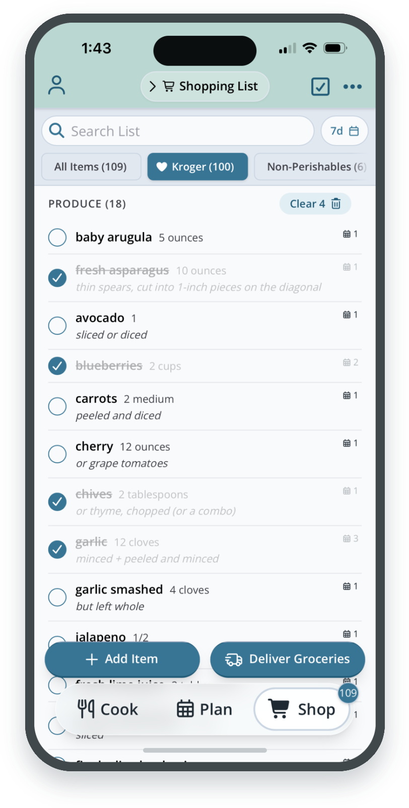 Shopping list with store tabs across the top and checkboxes beside each item