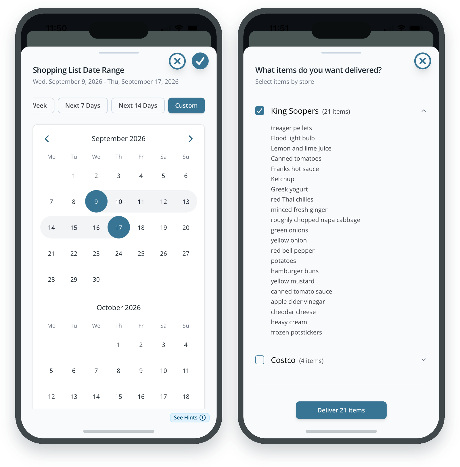 Shopping List Date Range picker and the grocery delivery review screen