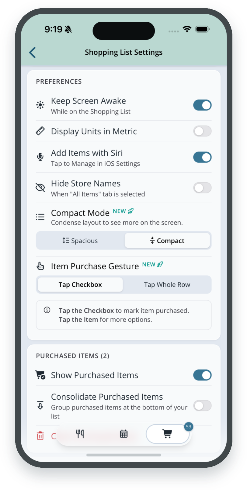 Shopping List Settings with Preferences and Purchased Items sections